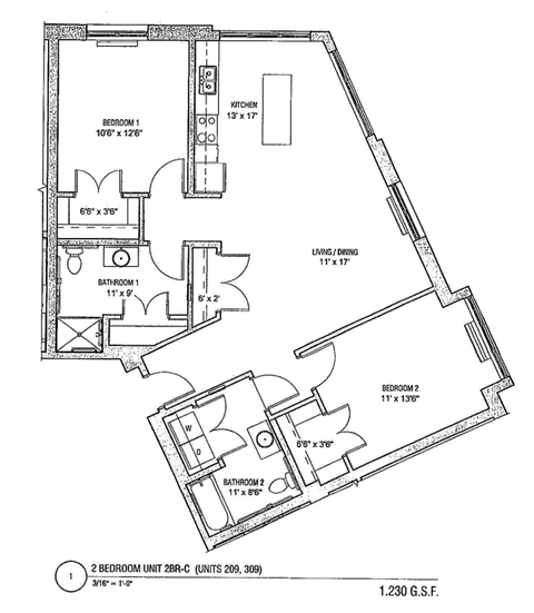 Floor plan for 2 beds, 2 baths, 1230 sqft